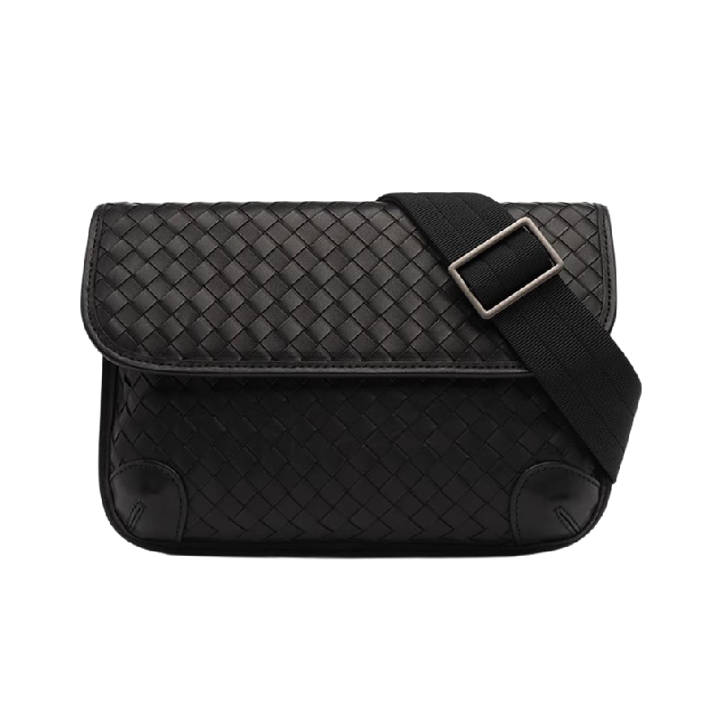 BV手工编织黑色真皮斜挎包男士胎牛皮商务休闲旅行收纳包