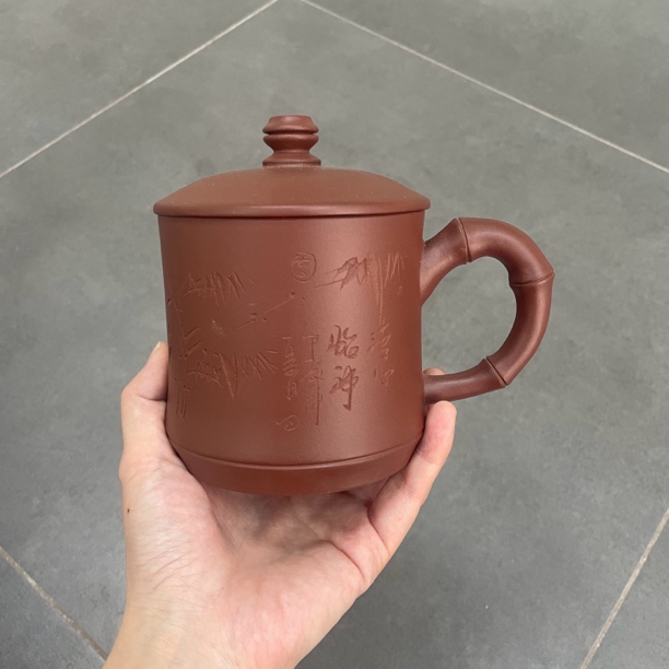 400ml左右宜兴紫砂大号办公杯手工刻绘竹节盖杯