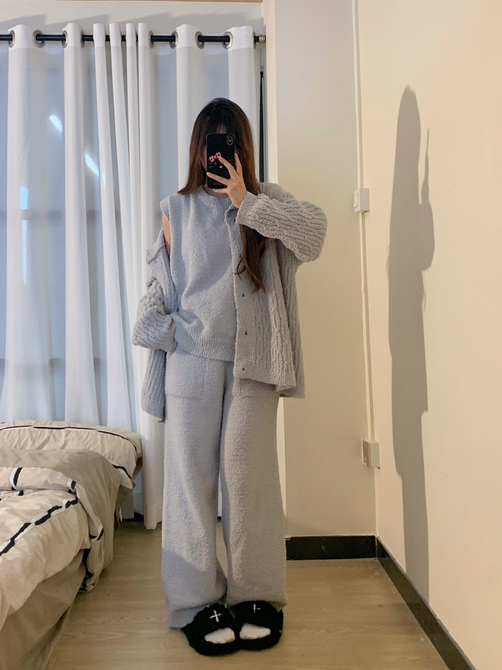 【纯欲三件套】韩版针织吊带睡衣女套装秋冬半边绒长袖长裤家居服