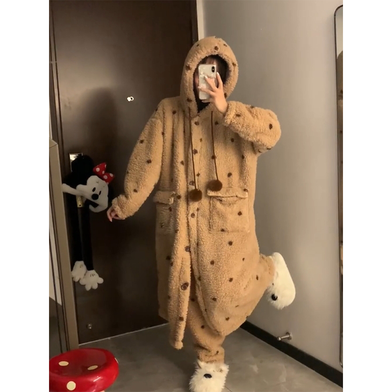 【冬日毛绒绒】ins可爱连帽珊瑚绒睡衣女款冬睡袍长裤家居服套装