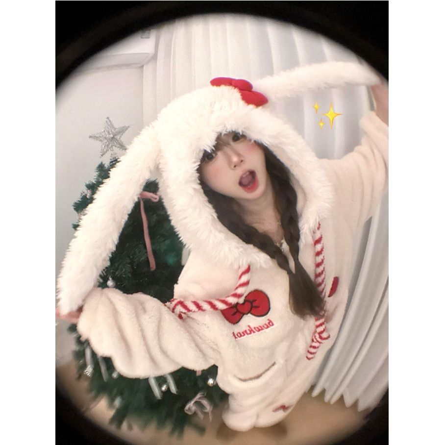 【可爱Kitty】毛绒连体珊瑚绒睡衣女秋冬款2024加厚一体式家居服