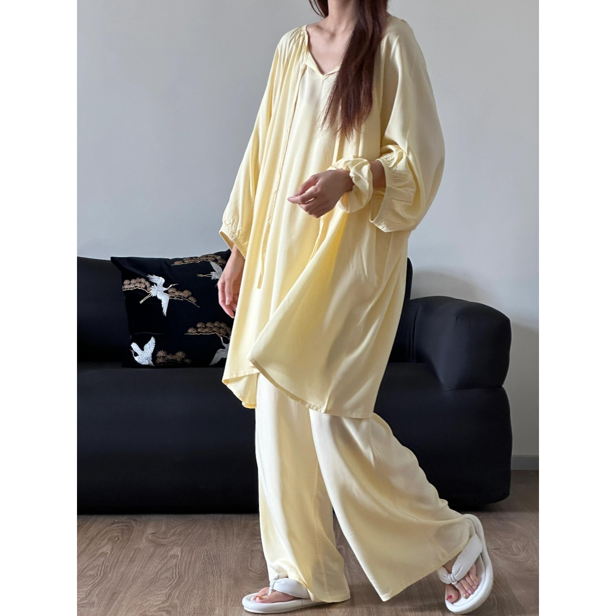 韩版柔软亲肤睡衣女套装夏季新款简约休闲宽松七分袖长裤子家居服