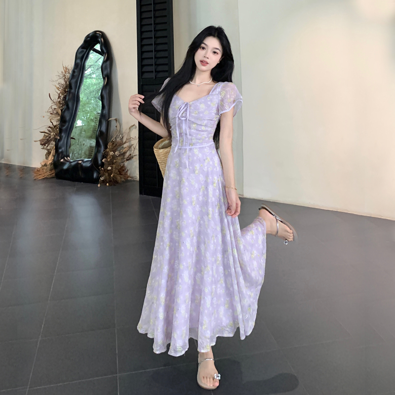 大码女装胖mm新款法式V领紫色碎花连衣裙夏季小清新显瘦雪纺裙子