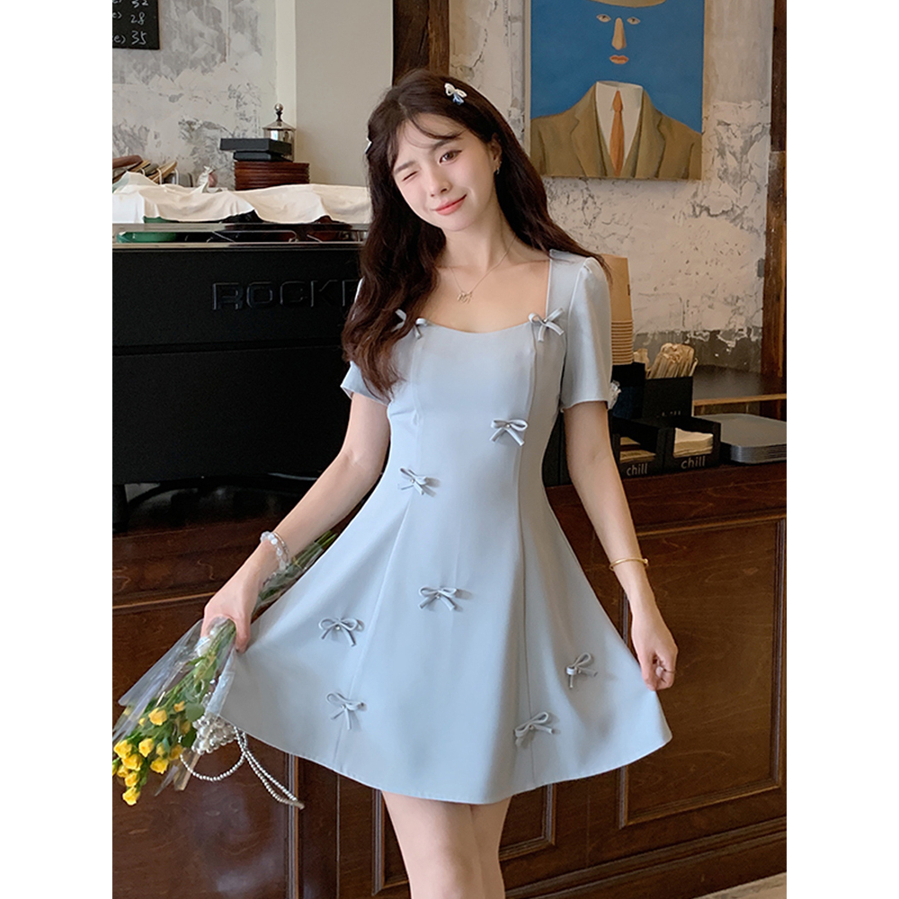 大码女装2025年夏季新款法式小众设计感蝴蝶结胖mm收腰显瘦连衣裙