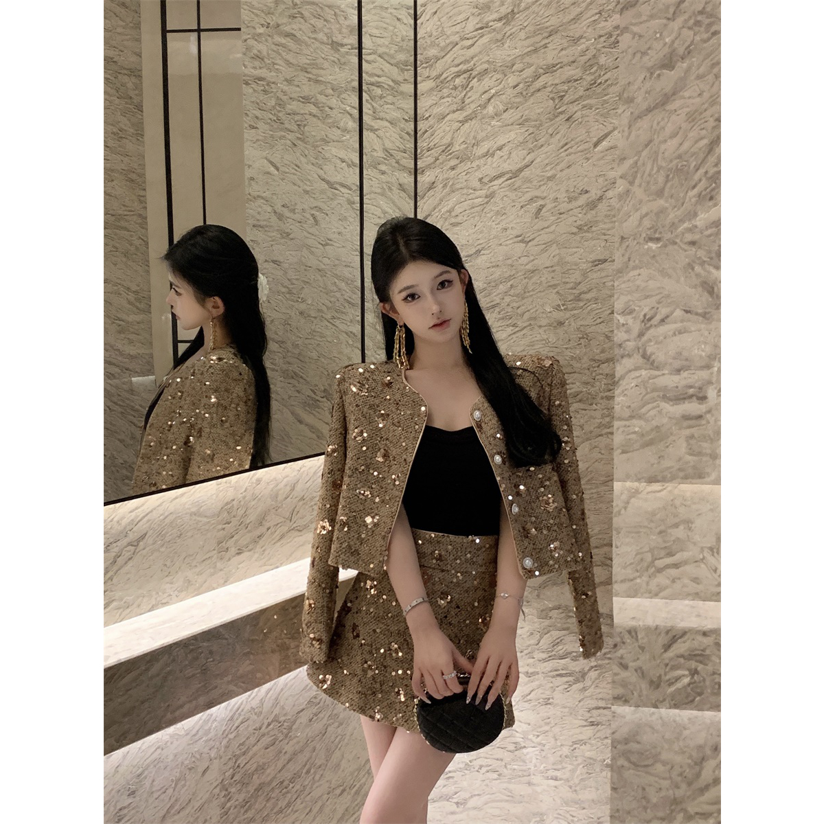 法式小香风重工亮片设计感粗花呢外套+高腰半身裙时尚两件套装女