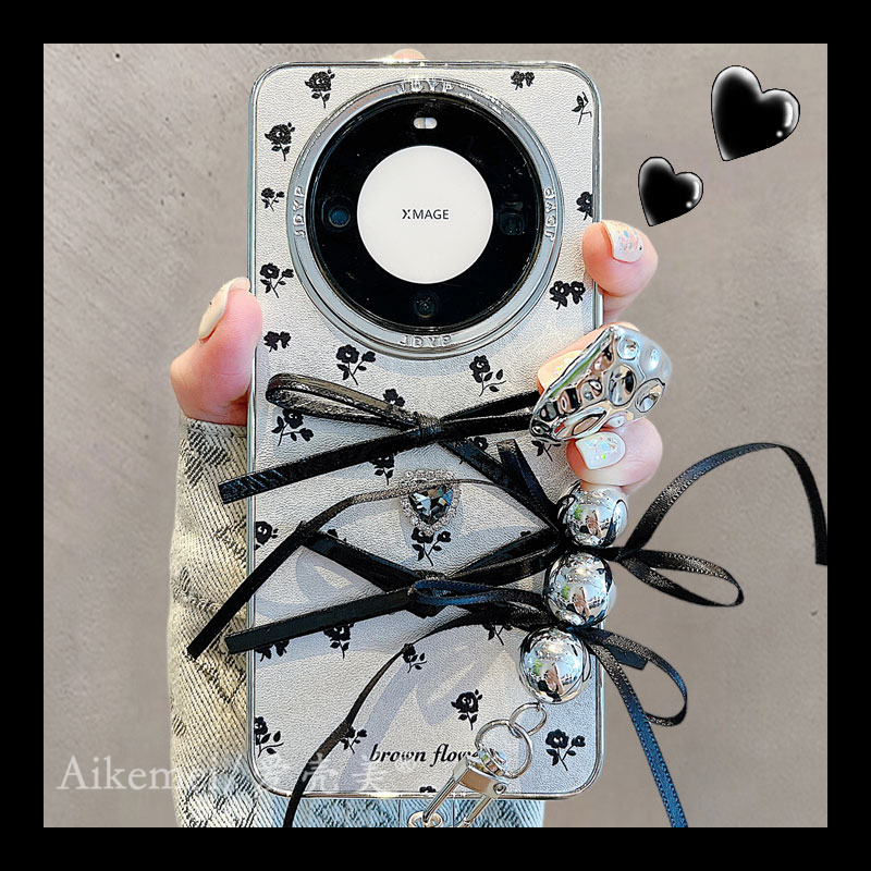 适用华为mate60pro+手机壳甜酷暗黑pura70pro+小碎花立体爱心丝带