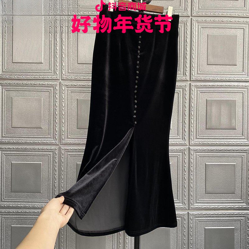 短裙开叉黑色半身裙女秋冬中长款包臀裙子鱼尾裙字一步裙