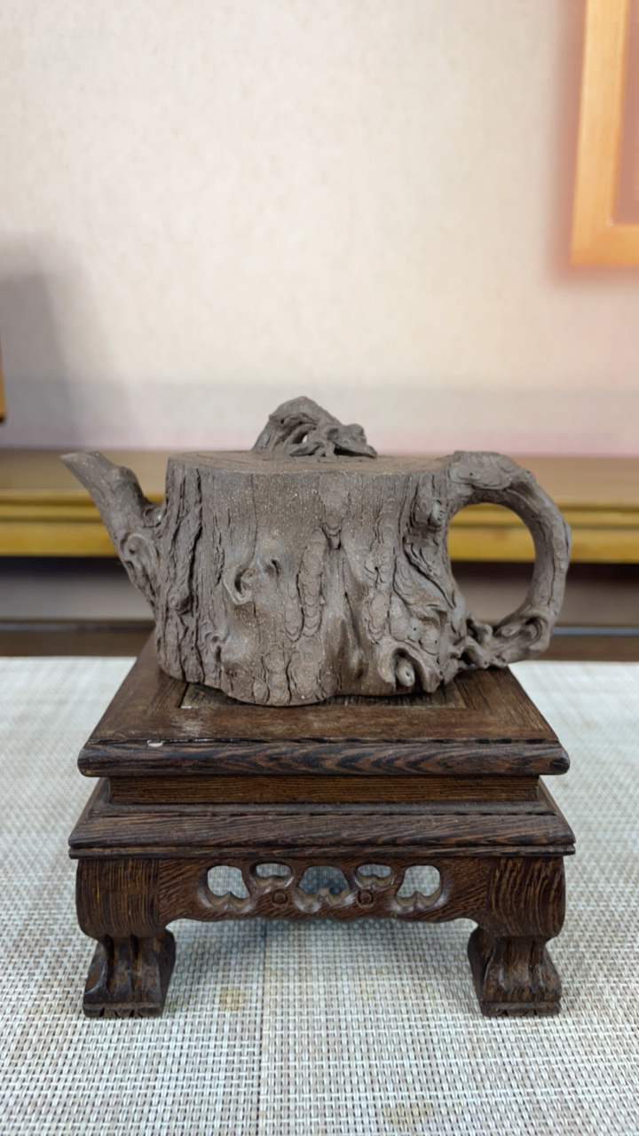 全手工原矿青灰泥精美松段壶170cc雕刻老料茶具纯手工老壶手制