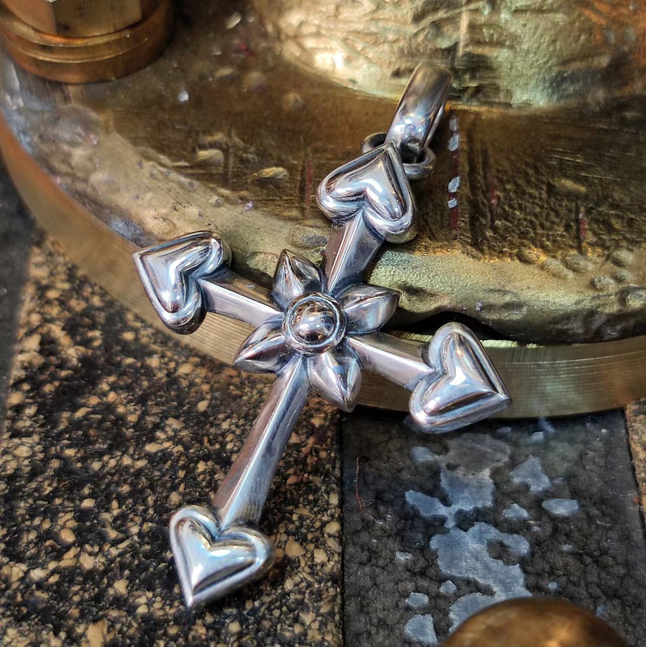 吊坠925银 制道珠宝爱心十字架吊坠配饰男女原创个性