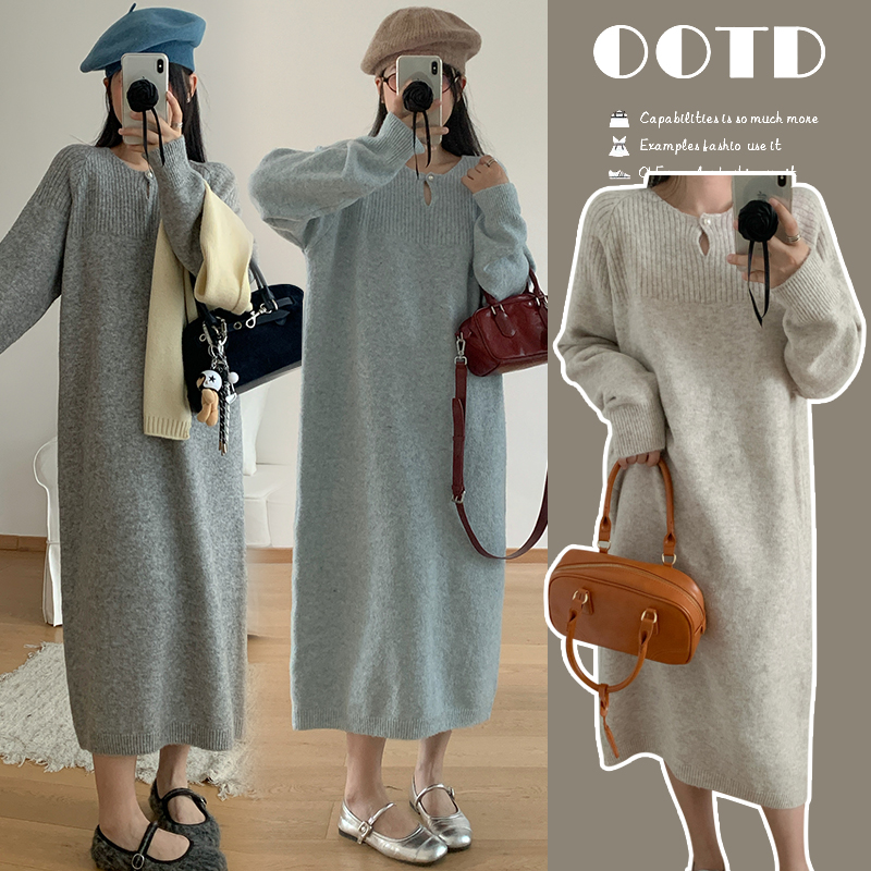 2024秋冬款时尚显瘦减龄孕妇装毛衣连衣裙韩版针织慵懒风孕妇裙