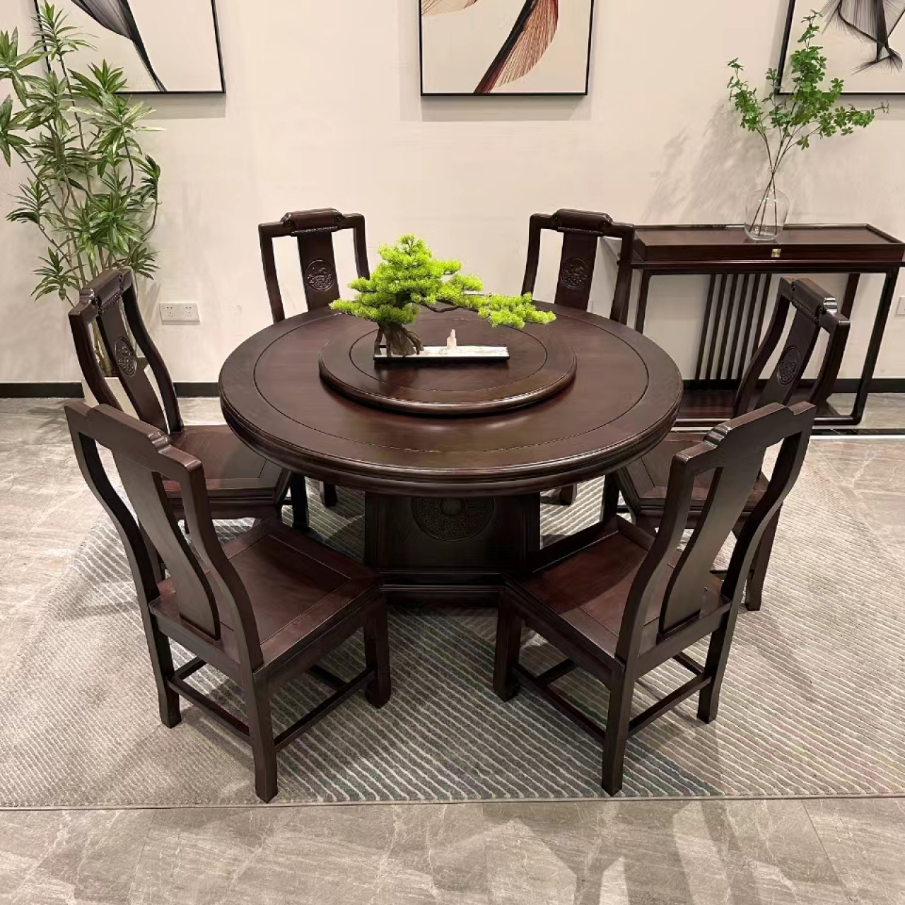 黑檀家用实木餐桌新中式黑檀木圆餐桌古典客厅餐桌全实木餐桌