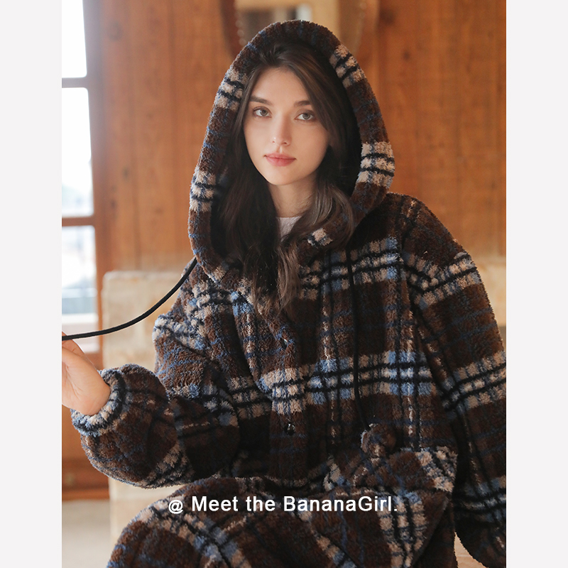 Bananagirl【西雅图】睡衣女秋冬外穿厚实保暖连帽睡袍家居服可外穿