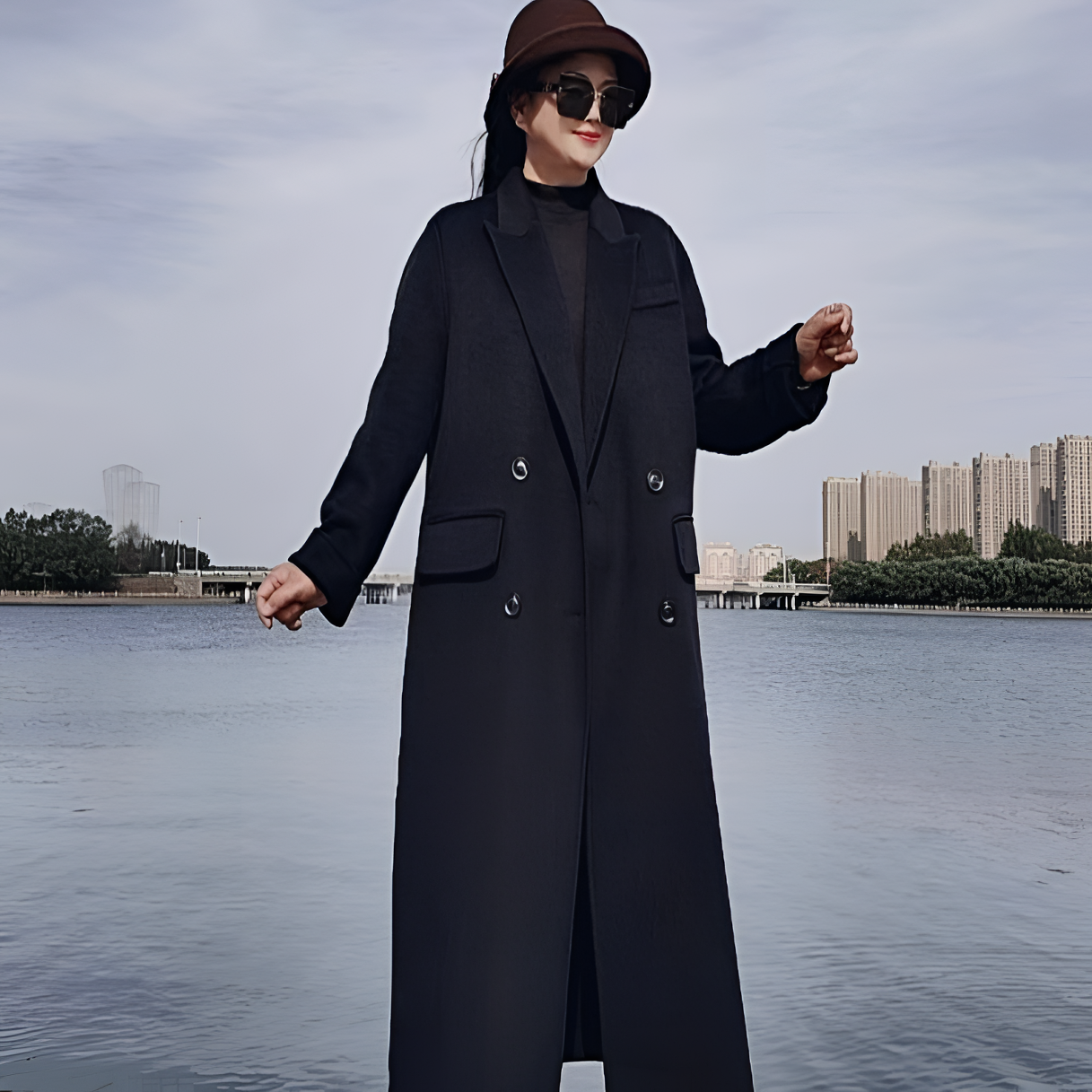 806款 双面绒大衣 秋冬新款 气质黑色 时尚宽松 双排扣中长款