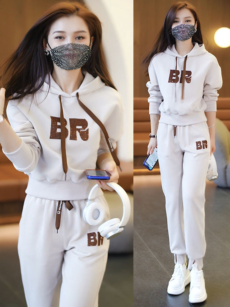 加绒加厚休闲运动服套装女2023秋冬新款时尚洋气连帽卫衣两件套潮