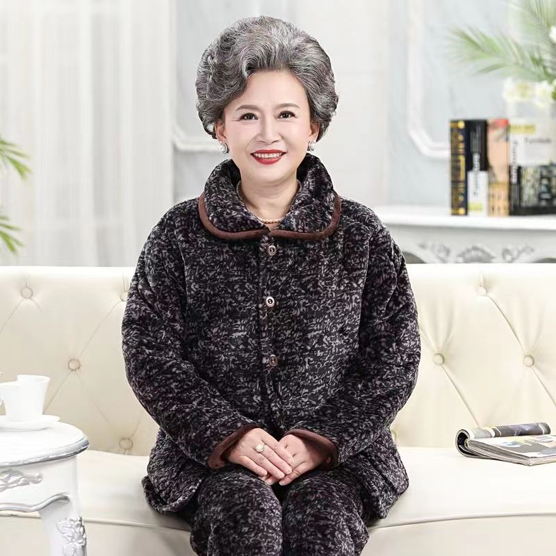 女士妈妈款冬季夹棉加绒加厚睡衣宽松大码家居服睡衣可外穿套装