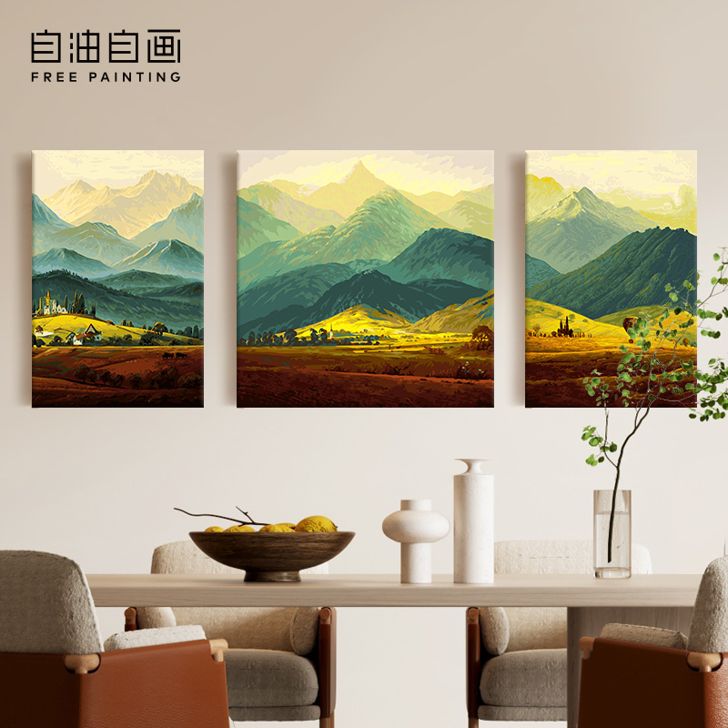 自油自画数字油画手工填色油画客厅风景画沙发背景组合巨人山名画