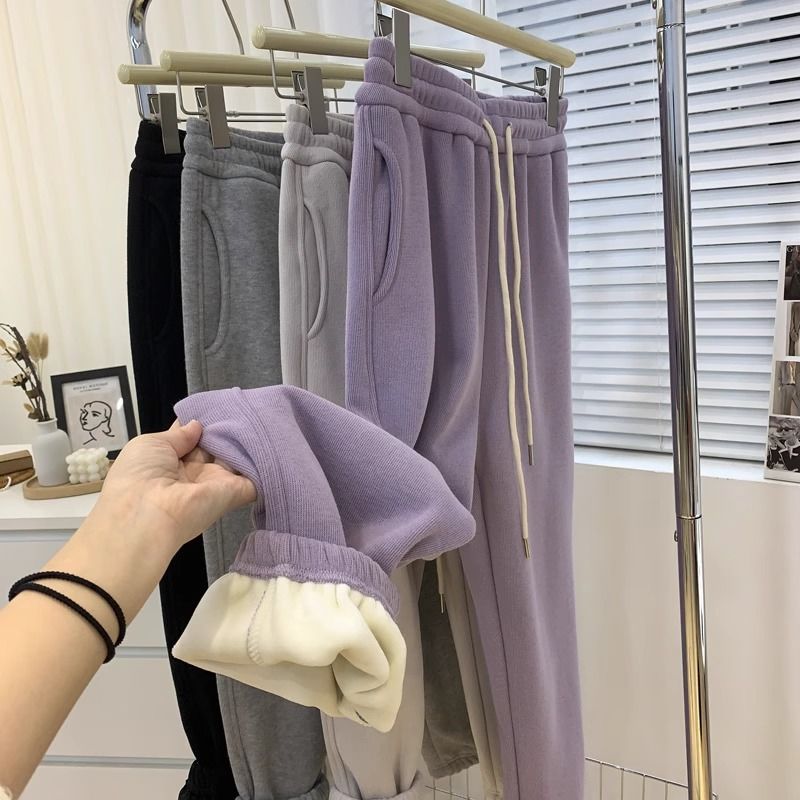 胖mm200斤加绒卫裤高腰宽松加厚束脚裤女冬季保暖百搭休闲运动裤