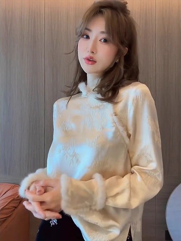 新复古国风盘扣印花时尚网红衬衫女2023秋冬新款加厚别致百搭加绒