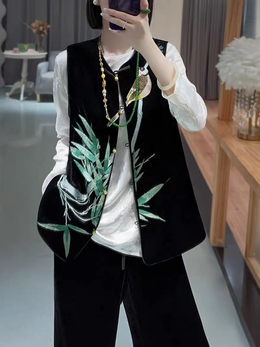 中国风丝绒加棉马甲2023秋冬贵妇人复古重工竹叶刺绣坎肩宽松棉服