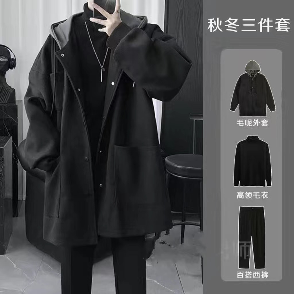 高级感痞帅套装男士春秋冬季夹棉毛呢大衣外套男装搭配帅气百搭潮
