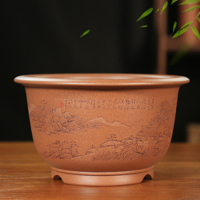 宜兴紫砂花盆特大号精品通转刻绘山水古典盆景盆桌面内门竹兰花盆