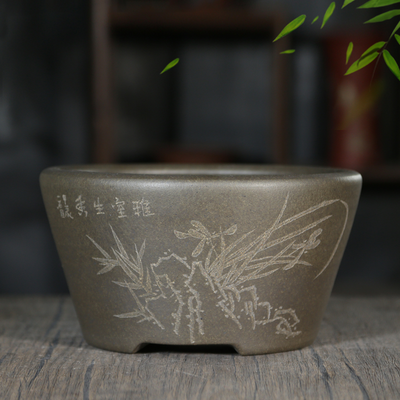 天青泥呙口精品紫砂盆景盆手工刻绘大口径绿植盆栽室内桌面松柏竹