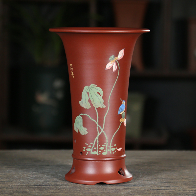 兰花专用盆紫砂盆大红袍高束腰手工泥绘盆景陶瓷花瓶寒兰盆带侧孔