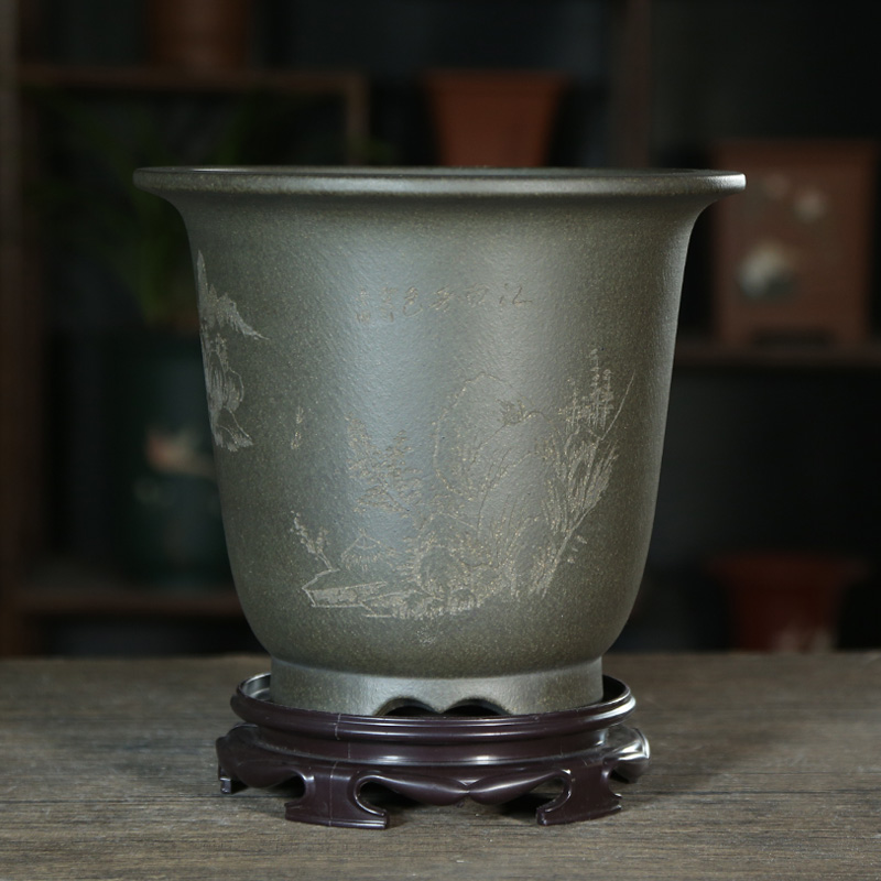 天青泥大口径金钟紫砂花盆 盆景盆 透气兰花兰草绿植盆栽兰花盆