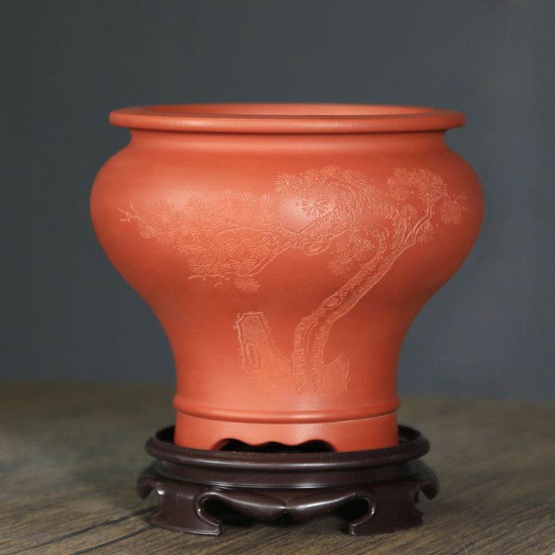 神力精品紫砂花盆红清水刻绘大口圆盆春兰惠兰多肉菖蒲树桩盆景盆