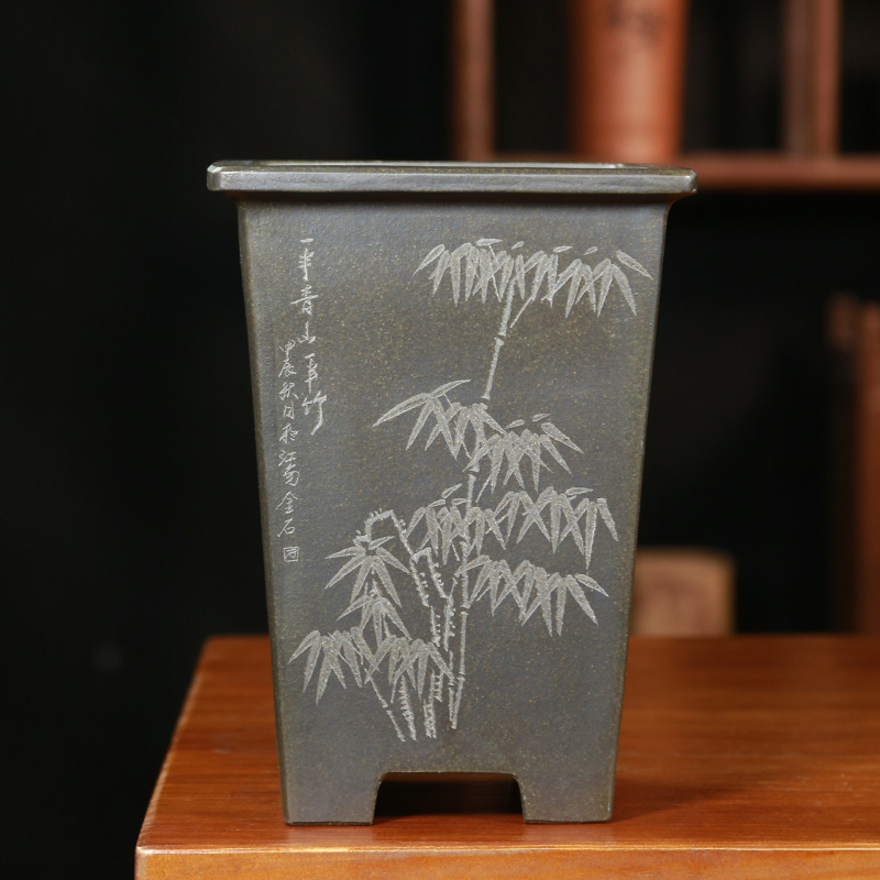 神力紫砂盆精品高档天青泥刻绘四方高签筒室内桌面兰花兰草专用盆