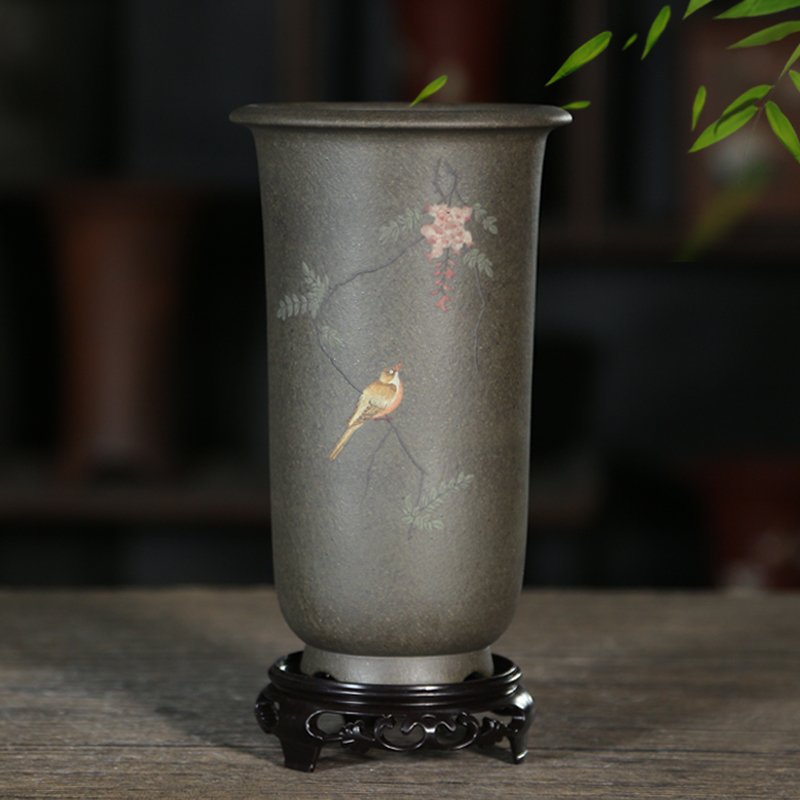 宜兴紫砂花盆精品古铜泥手工泥绘金钟花盆兰花盆桌面绿植古典花盆