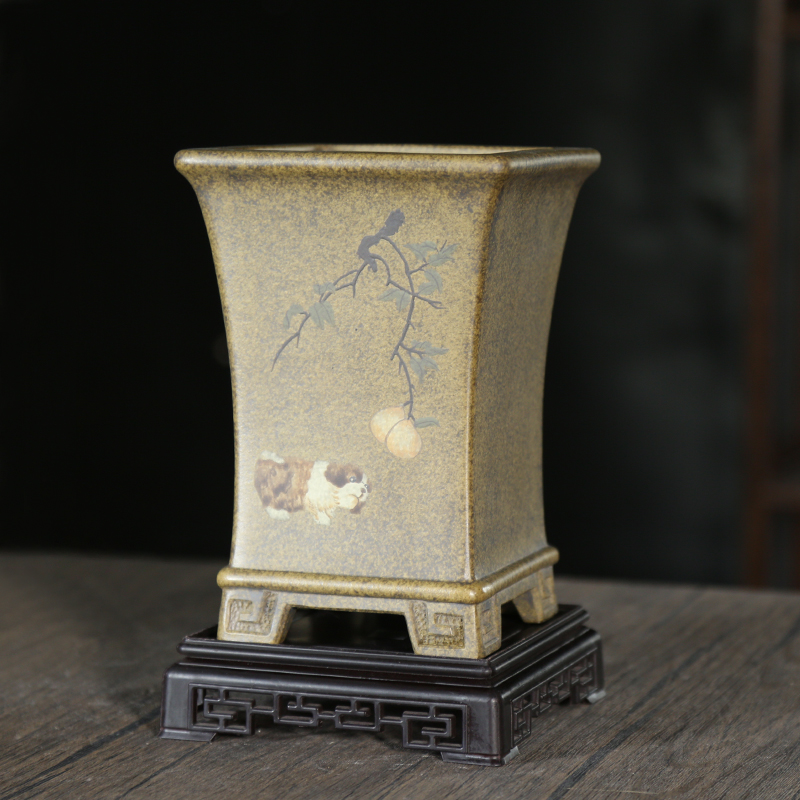 宜兴精品紫砂兰花盆沙皮青四方签筒高档手工泥绘家用桌面绿植花盆