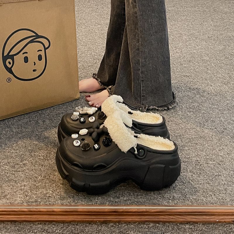 加绒洞洞鞋女年秋冬新款踩屎感厚底增高保暖包头棉拖