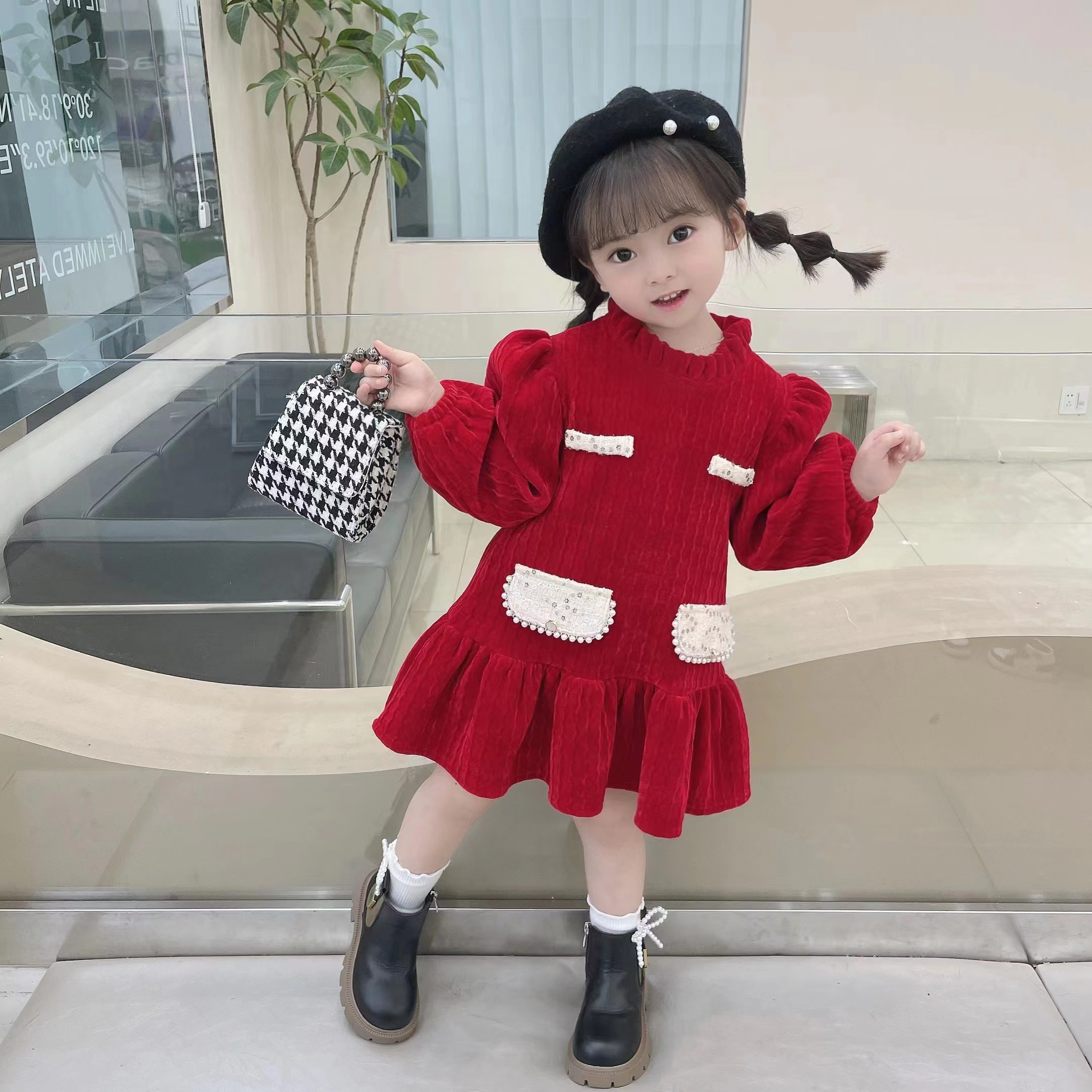 女童周岁粉红裙子新款冬季长袖公主裙儿童秋冬连衣裙宝宝冬装裙子