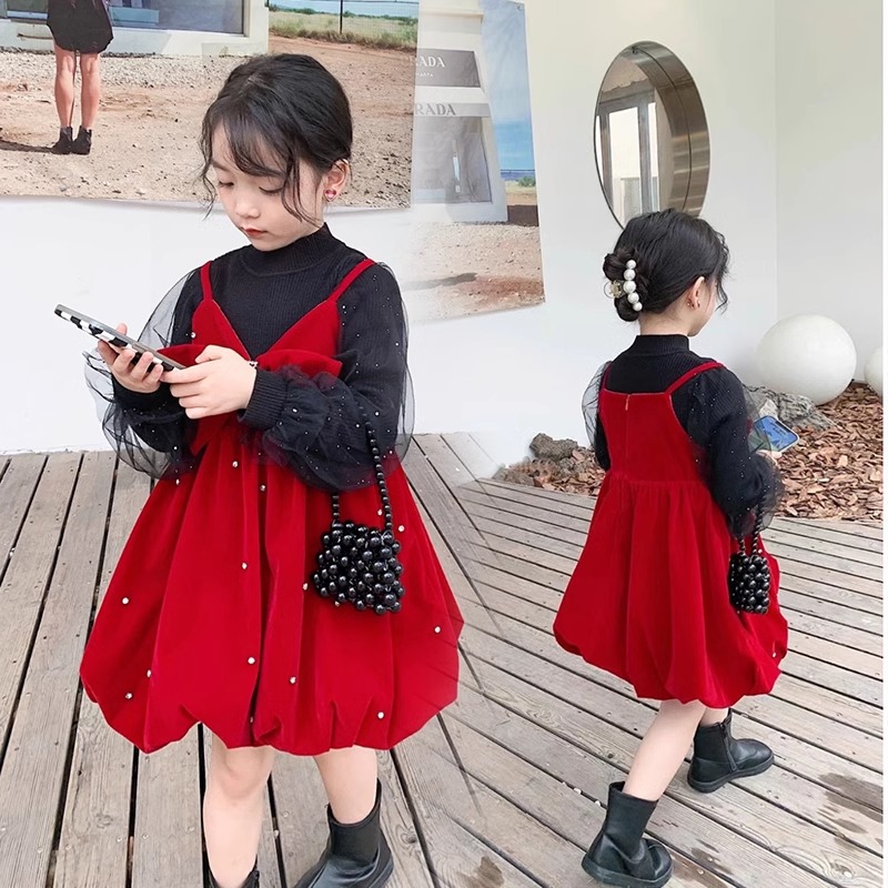 女童新年套装秋冬新款宝宝拜年衣服儿童洋气红色吊带背心裙两件套