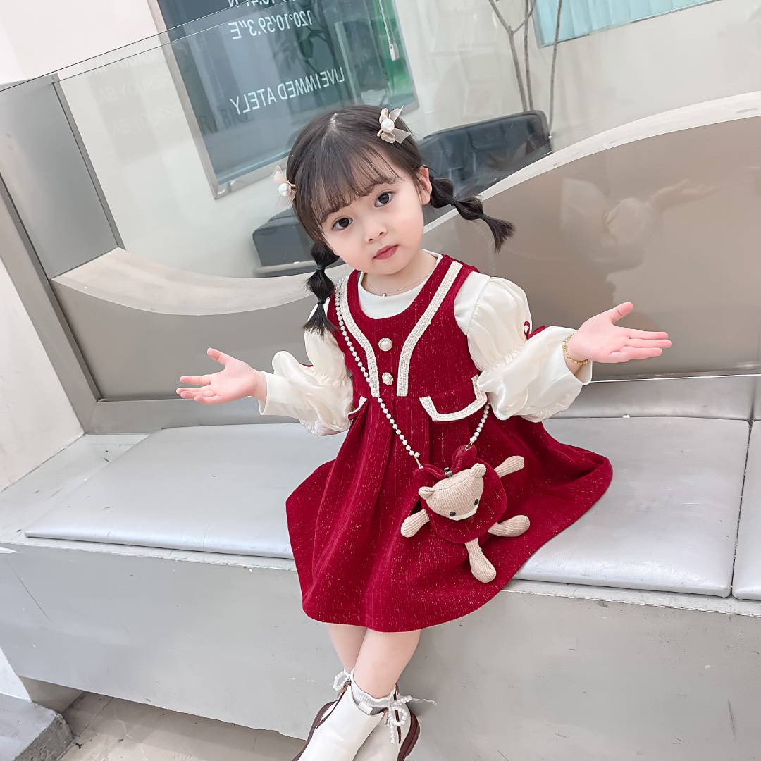 【送小熊包包】女童加绒连衣裙礼服裙女宝裙子洋气套装裙冬裙公主裙