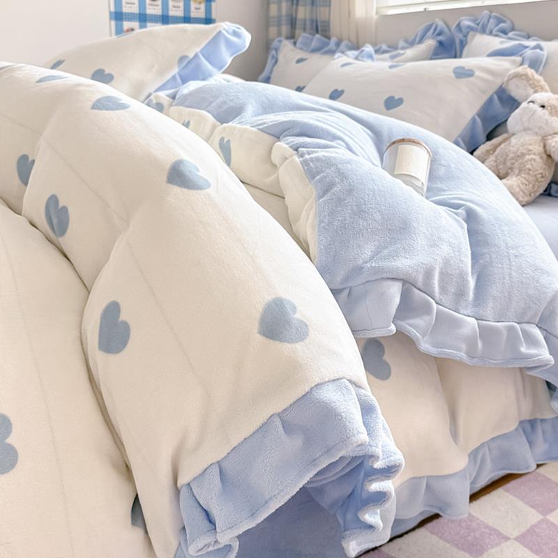 公主风牛奶绒床上四件套冬季加厚保暖法兰珊瑚绒被套加