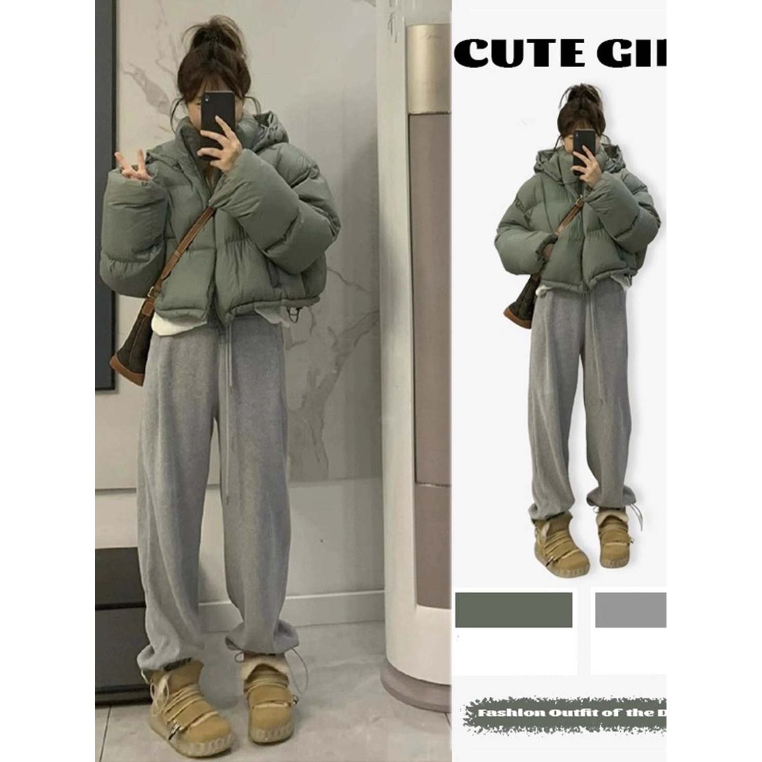波司澄短款羽绒服女2023年新款肯豆风高腰加厚连帽宽松面包服小个