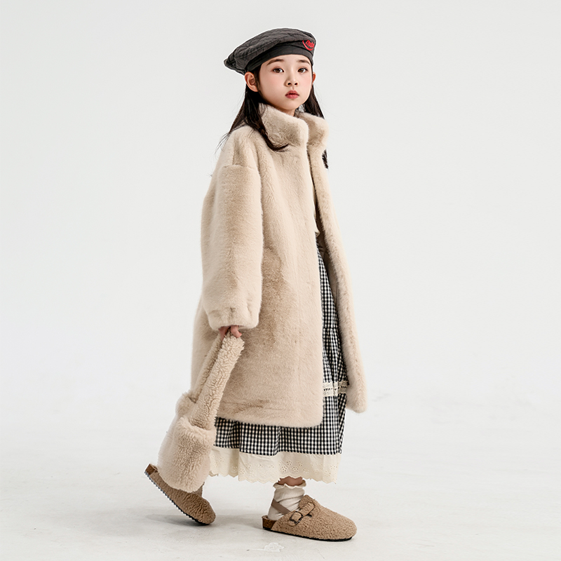 女童毛毛外套长款仿皮草水貂绒大衣毛绒加厚保暖皮毛一体女宝大衣