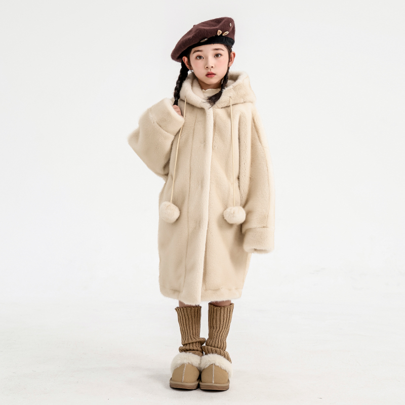 女童仿水貂绒皮草中长款大衣2025新款冬季皮毛一体儿童毛外套连帽