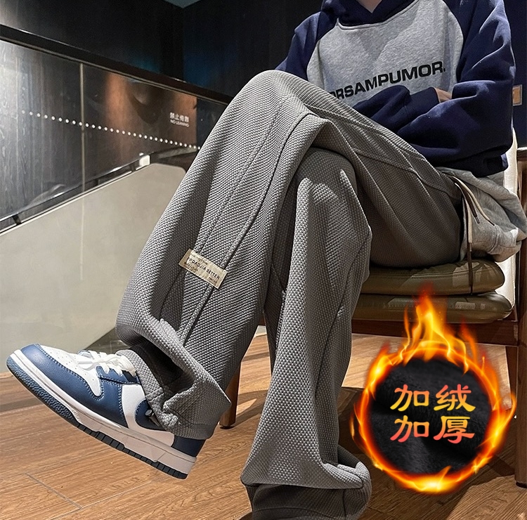 华夫格2024新款加绒加厚美式宽松直筒休闲长裤男女秋冬季运动卫裤