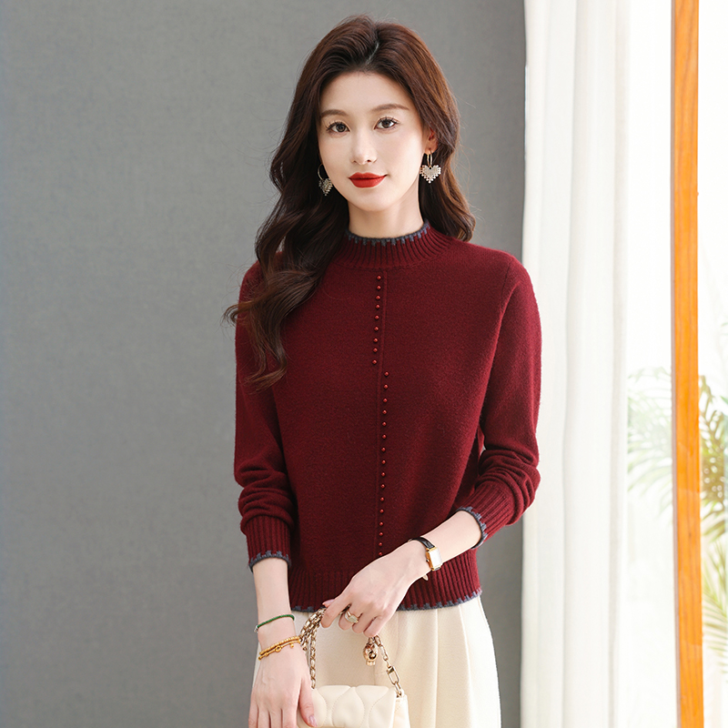 2024秋冬新款半高领钉珠打底衫女高级感百搭时尚毛衣针织衫深灰色