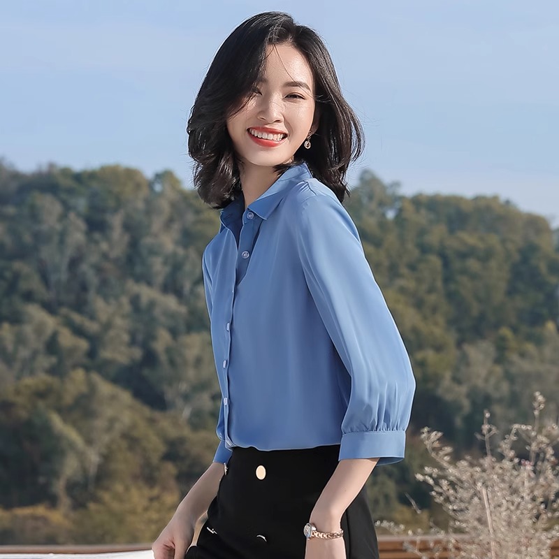 气质显瘦法式女款衬衣蓝色休闲女士通勤设计感纯白衬衫上衣短袖  