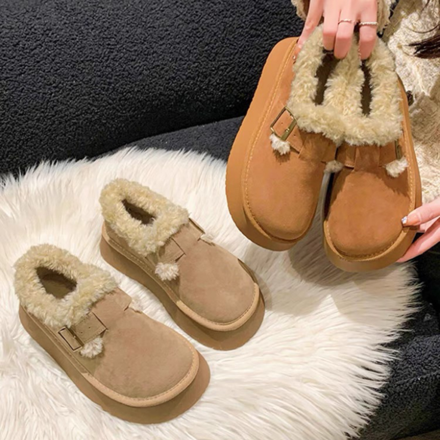 雪地靴女款冬季2023新款厚底毛毛一脚蹬懒人面包女鞋加绒勃肯棉鞋