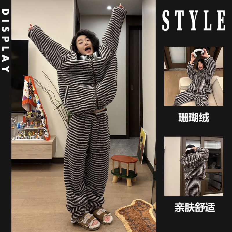韩版高级珊瑚绒长袖睡衣女冬季新款加绒加厚可外穿条纹家居服套装