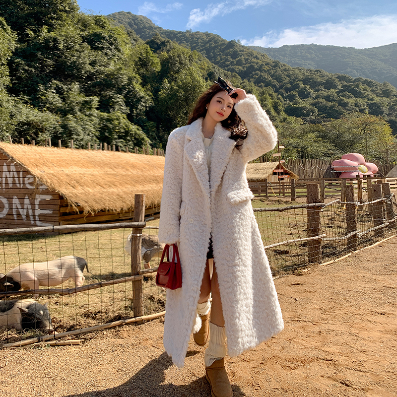 人造皮草 长款气质白色高个子风衣百搭加厚毛毛过膝大衣冬季保暖