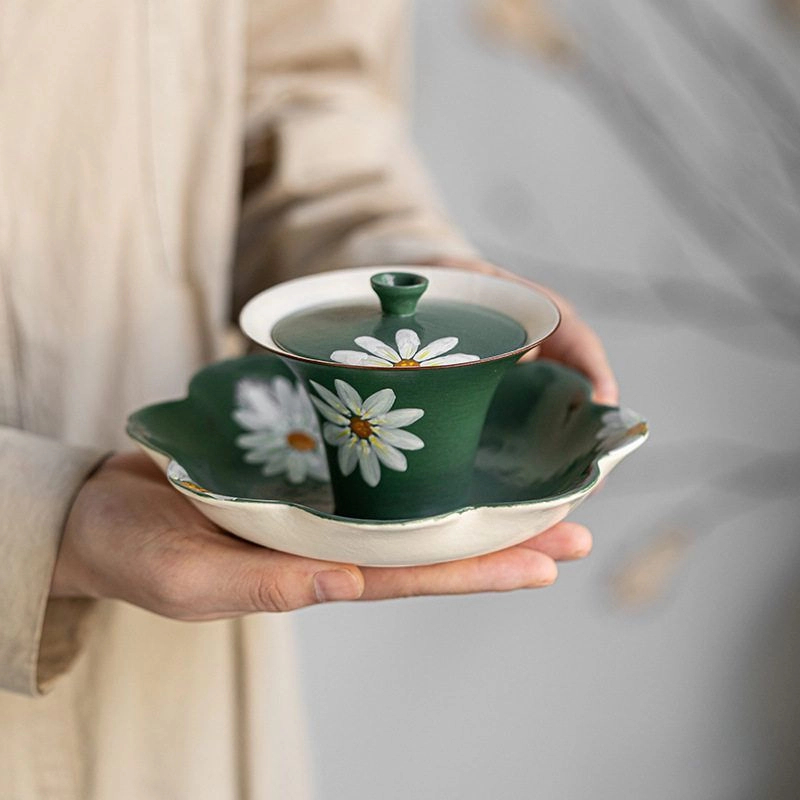 复古粉引手绘雏菊二才马蹄盖碗品茗杯茶杯陶瓷家用泡茶碗壶承