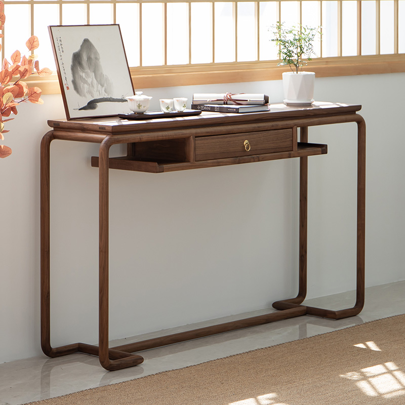 老榆木条案新中式仿古实木明式条几禅意供桌黑胡桃靠墙玄关案台