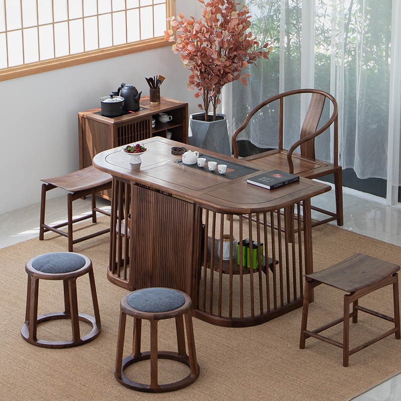 新中式茶桌椅组合黑胡桃木功夫泡茶台小户型阳台茶桌家用实木茶几