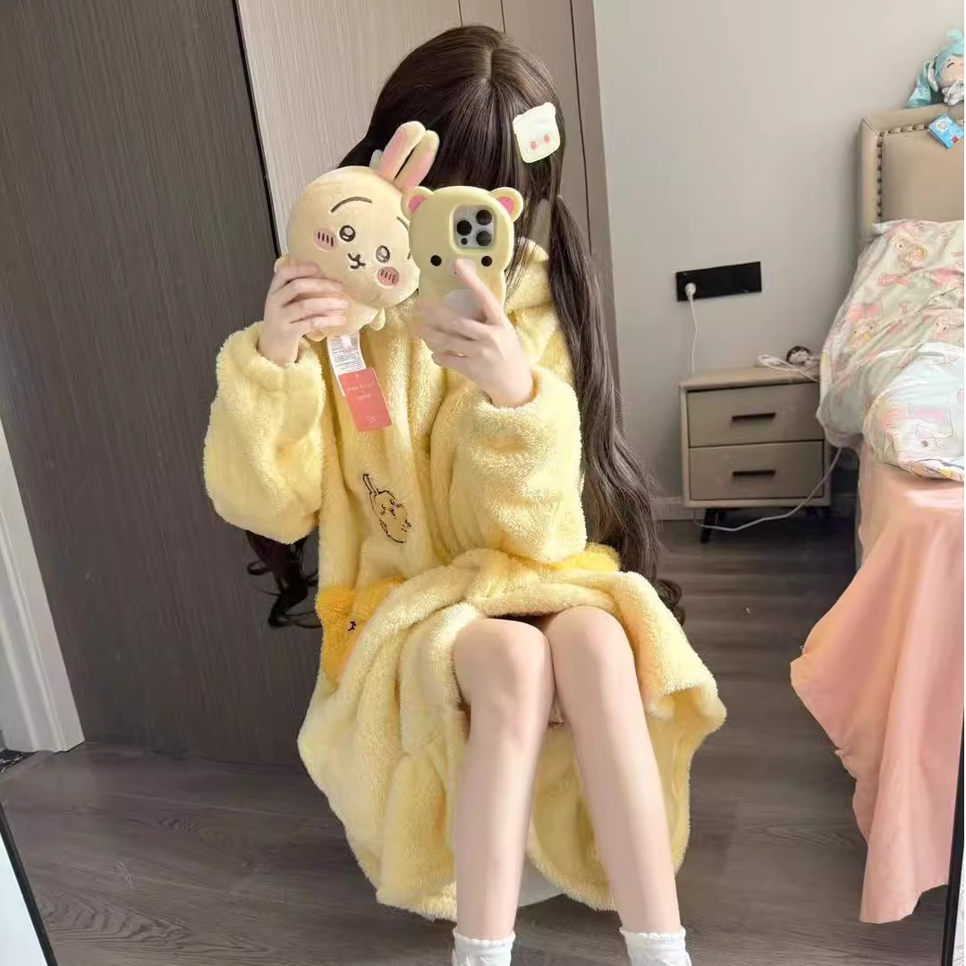冬季chiikawa乌萨奇珊瑚绒加绒睡衣可爱少女睡袍学生冬天家居服